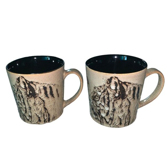 Lot‎ of 2 Blue Harbor Safari Collection Coffee Mugs Tiger & Floral Tan Blue 2015 - Picture 1 of 4